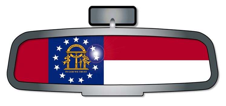 A vehicle rear view mirror with the flag of the state of Georgia