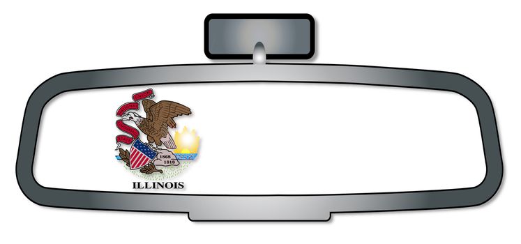 A vehicle rear view mirror with the flag of the state of Illinois