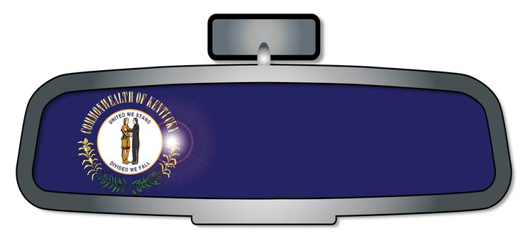 A vehicle rear view mirror with the flag of the state of Kentucky