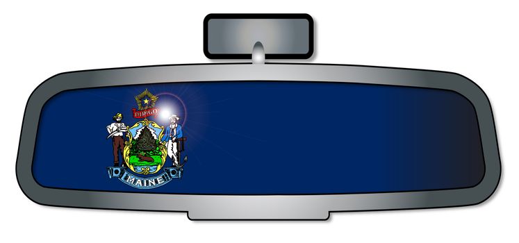A vehicle rear view mirror with the flag of the state of Maine