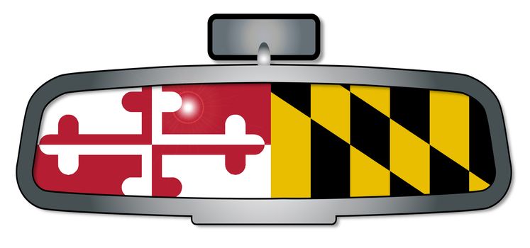 A vehicle rear view mirror with the flag of the state of Maryland