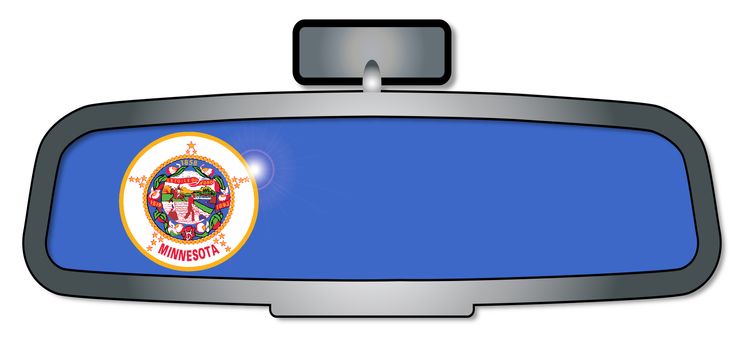A vehicle rear view mirror with the flag of the state of Minnesota