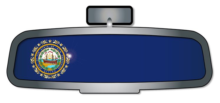 A vehicle rear view mirror with the flag of the state of New Hampshire