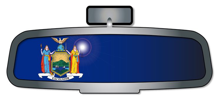A vehicle rear view mirror with the flag of the state of New York