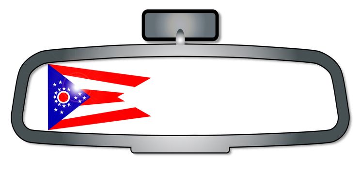 A vehicle rear view mirror with the flag of the state of Ohio