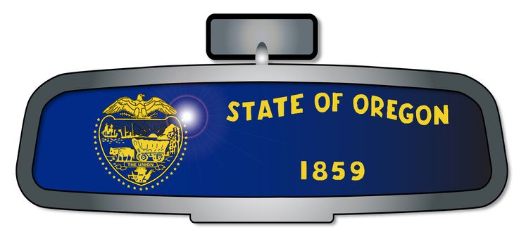 A vehicle rear view mirror with the flag of the state of Oregon
