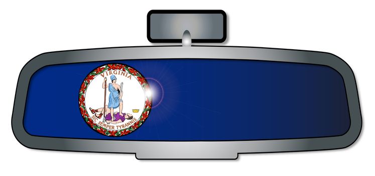 A vehicle rear view mirror with the flag of the state of Virginia
