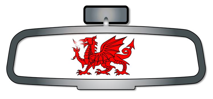 A vehicle rear view mirror with the red dragon of Wales