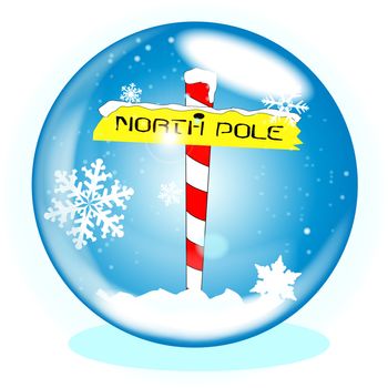 A crystal ball over a winter scene background with a North Pole sign