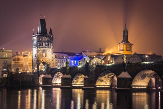 Prague at night, Charles Bridge and the Castle from across the river