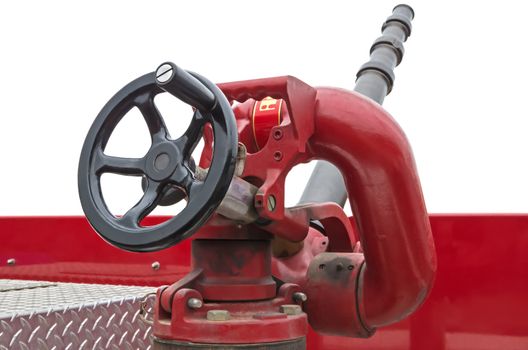 Fire water jet nosepiece located on the roof of a fire truck.