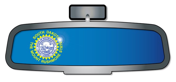 A vehicle rear view mirror with the flag of the state of South Dakota