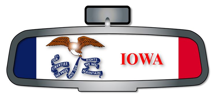 A vehicle rear view mirror with the flag of the state of Iowa