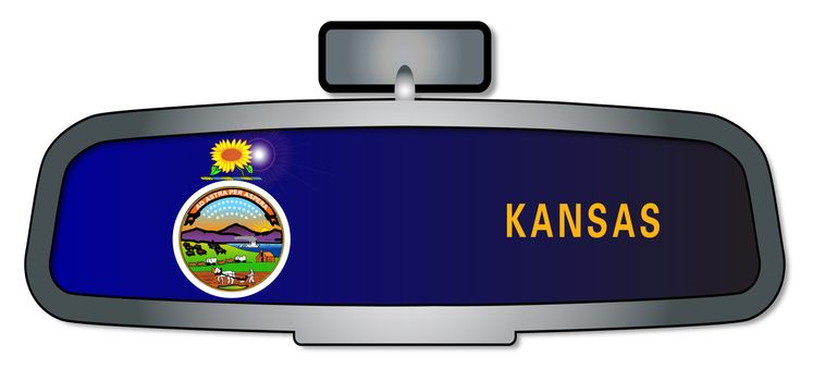 A vehicle rear view mirror with the flag of the state of Kansas