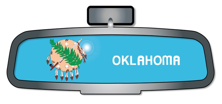 A vehicle rear view mirror with the flag of the state of Oklahoma