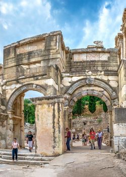 Ephesus, Turkey – 07.17.2019. Ephesus Library of Celsus in antique city on a sunny summer day