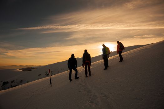 Hikers silhouette at dawn on Mount Ciucas in winter watching the sunset, part of Romanian Carpathian Range