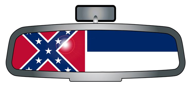 A vehicle rear view mirror with the flag of the state of Mississippi