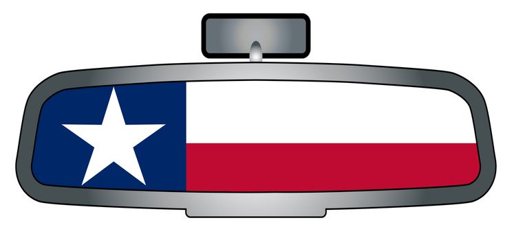 A vehicle rear view mirror with the flag of the state of Texas