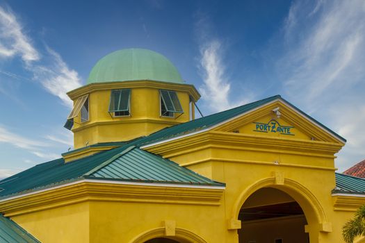 Yellow and green building at port of St Kitts