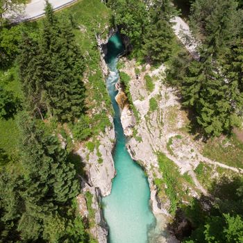 Aerial view over Soca river in Triglav National Park, Slovenia.