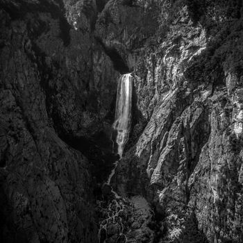 Waterfall Boka in Triglav National Park, Slovenia, Bovec, Europe in black and white.