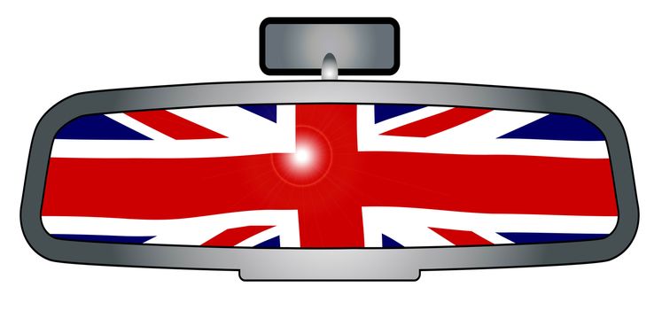 A vehicle rear view mirror with the flag of Britain