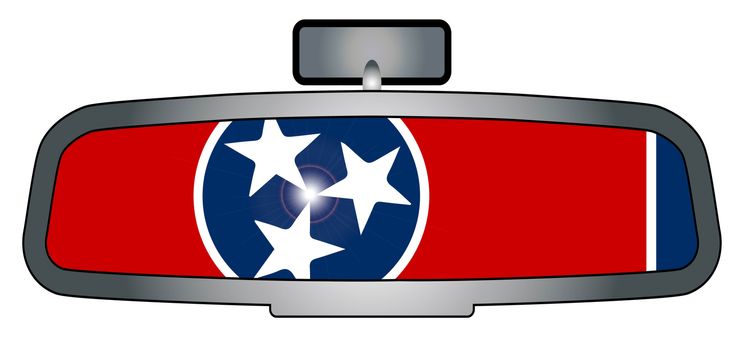 A vehicle rear view mirror with the flag of Tennessee