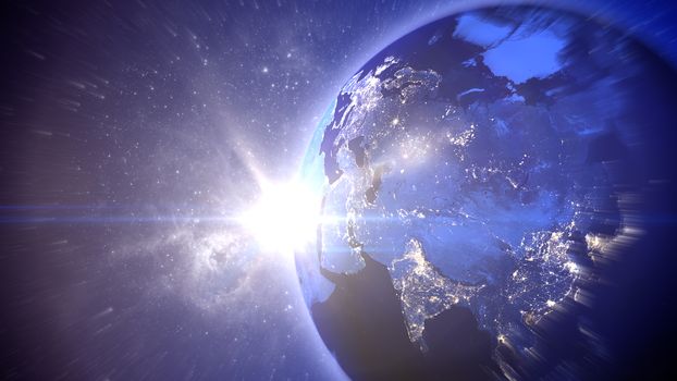 Impressive 3d rendering of the globe with all oceans and continents rotating in the Universe with the sparkling Sun at the horizon and shining stars. The elements of this image furnished by NASA.