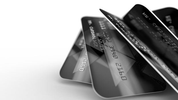 Exciting 3d illustration of five credit cards with stripes of digits in a black and grey palette placed askew like a fan in the white background.