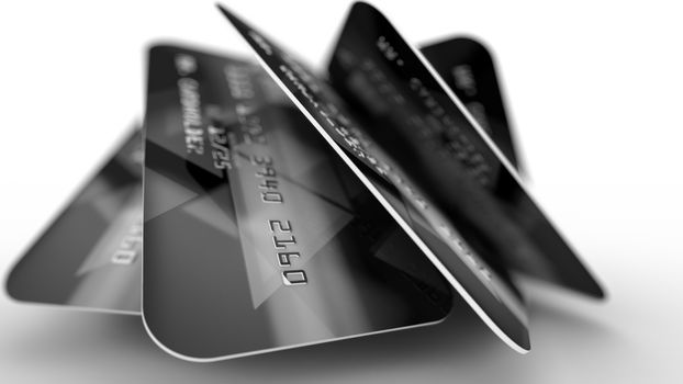 Wonderful 3d illustration of five credit cards with lines of numbers in a black and grey palette located aslant like a fan in the white background.