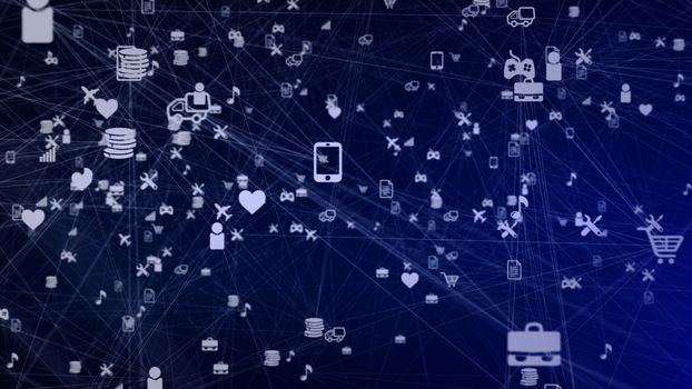 Emotional 3d illustration of a diversity of social network symbols and signs including video games, cargo, coins in the dark blue background.