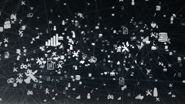 Volumetric 3d illustration of a black cyberspace with many stripes connecting a diversity of social network symbols with texts, trucks and musical notes.