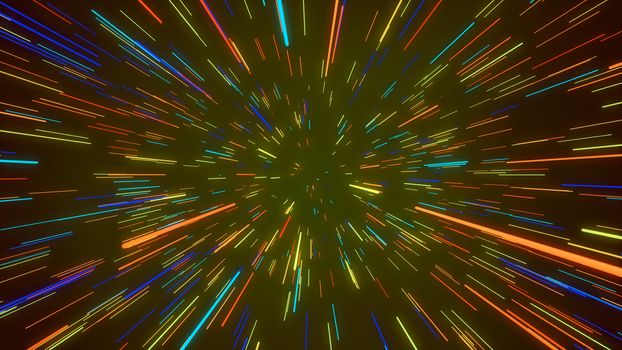 Cheerful 3d illustration of a colorful cosmos portal from rainbow direct stripes looking like sun beams gleaming hilariously in the khaki cyberspace.