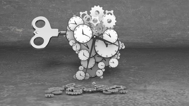 Impressive 3d illustration of blow your mind clock dials of various sizes with classic hour and minute arrows mixed with cogs in the grey backdrop. 