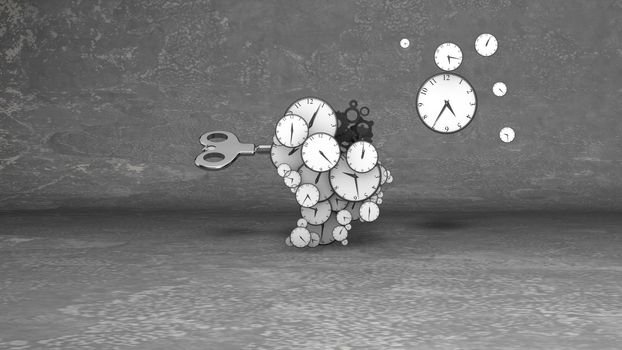 Abstract art 3d illustration of blow your mind clock faces of various sizes with classic hour and minute arrows in the grey backdrop. Several soar close by.