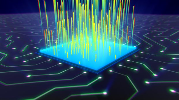 Impressive 3d illustration of a square cpu with beaming up yellow rays. It is located on the surface placed askew with zigzag electronic lines.