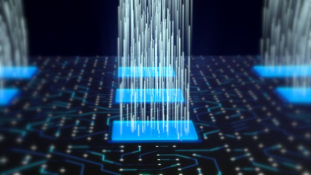 Stunning 3d rendering of three rows of square blue microchips with pulsing white rays. They are located askew on the board with crisscross electronic lines.