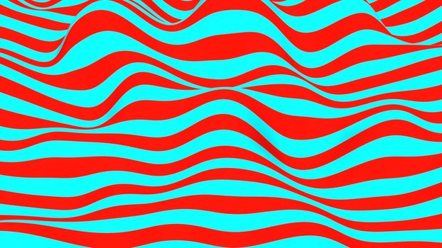 Cheerful 3d illustration of ebbing and tidying red and green waves. They look like optical art of funny, emotional and hilarious character