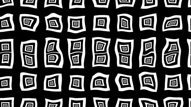 Hypnotic 3d illustration of fluid white and black squares changing their contours and shapes. They look an arty, nice and cheerful checkerboard. 