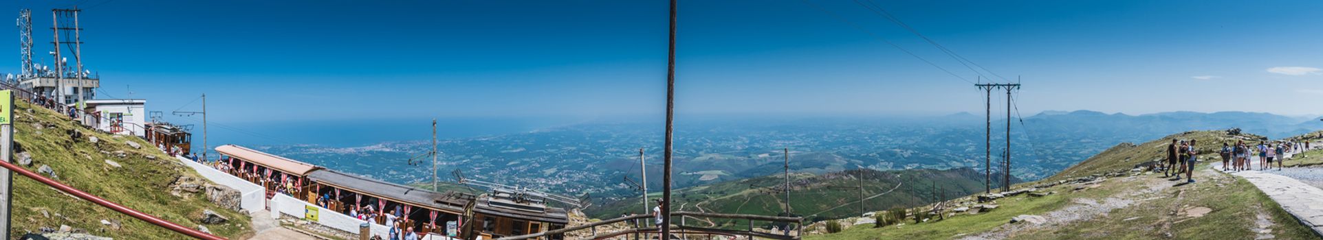 Panorama of the Pyrenees mountain and the Atlantic ocean on Rhune in the Pyrenees Atlantique in France