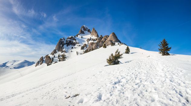 Panoramic view of Mount Ciucas peak at a sunset on winter, part of Romanian Carpathian Range