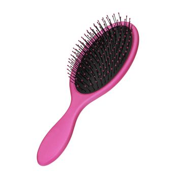 Pink and black hair brush on white background