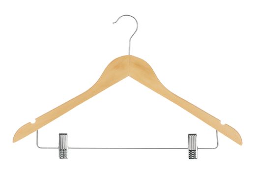 Wood clothes hanger with metal pants / skirt hanger isolated on a white background
