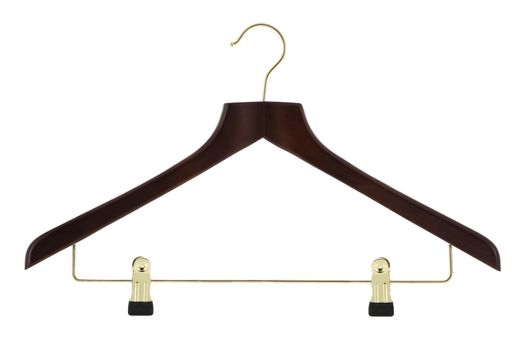 Dark ood clothes hanger with gold colored metal pants / skirt hanger isolated on a white background