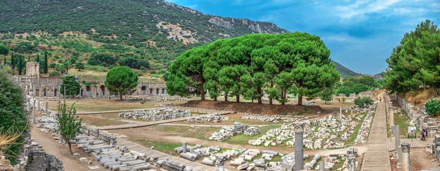 Ruins of antique Ephesus city on a sunny summer day