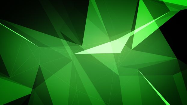 3d illustration of Plexus effect geometric triangle. Abstract background in green color.