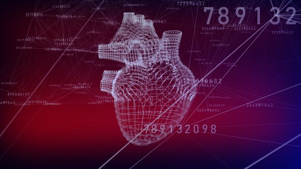 3d rendering Computer generated of a human hearts in low-poly concept. Digital numbers changing own values.