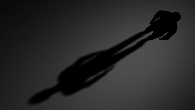 Silhouette of a man and him shadow on a concrete floor. A dark background. Mystery animation. 3d illustration.