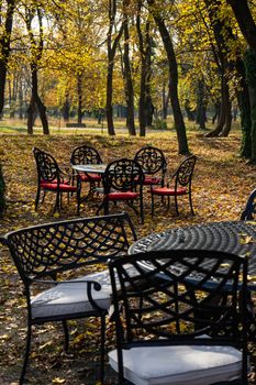 Table and chairs in autumnal park of Chateau Mukhrani close to Tbilisi, travel in Georgia